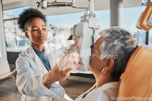 Image of Eye exam, vision and black woman with patient in optometry clinic for eyesight and optical assessment. Healthcare, optometrist consultation and doctor medical equipment, phoropter and lens for eyes