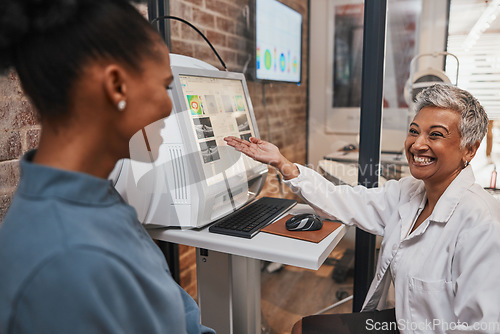 Image of Eyecare, optometry and optician on computer doing a eye test for a patient for vision in a clinic. Ophthalmology, healthcare and woman optometrist doing exam for prescription lenses in optical store