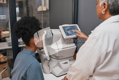 Image of Digital eye test, vision and health for eyes, optometry and doctor with patient, eyecare and ophthalmology clinic. Machine, screen and black woman with senior optometrist, service and medical exam