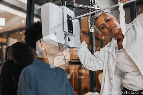 Image of Eye exam, vision and woman patient in optometry clinic for testing, eyesight and optical assessment. Healthcare, optometrist consultation and doctor use medical equipment, phoropter and lens for eyes