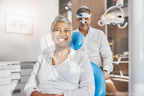 Image of Portrait, face or doctor with happy woman in eye exam for eyesight at optometrist office with smile. Senior optician helping a mature customer testing or checking vision, iris or retina visual health