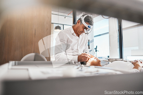 Image of Eye check, vision repair surgery and doctor working on healthcare, wellness and eyes procedure. Hospital, clinic and medicare worker with a woman patient and medical cut for optometrist operation