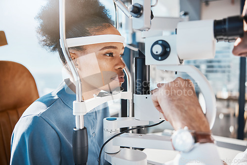 Image of Eye exam or black woman consulting doctor for eyesight at optometrist or ophthalmologist. Face of African customer testing vision with optician helping or testing iris or retina visual health