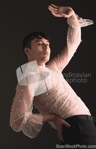 Image of Gen z fashion, creative pose and vintage aesthetic with retro clothing in studio. Isolated, black background and lgbtq or gay model with woman clothes and creativity for non binary and beauty art