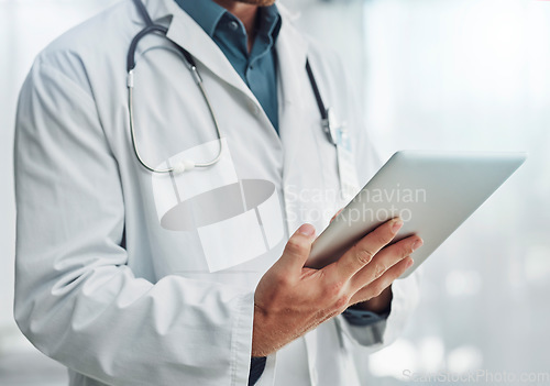 Image of Healthcare, research and hands of doctor with tablet for wellness, medical abstract and analysis. Hospital, insurance and health worker on digital tech for internet, patient report and telehealth app