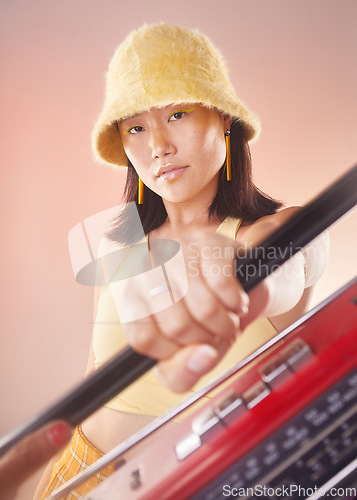 Image of Boombox, fashion and woman isolated on gradient background for music, gen z aesthetic and streetwear. Dancer, hip hop and beauty asian model or youth person listening to retro or vintage radio tech