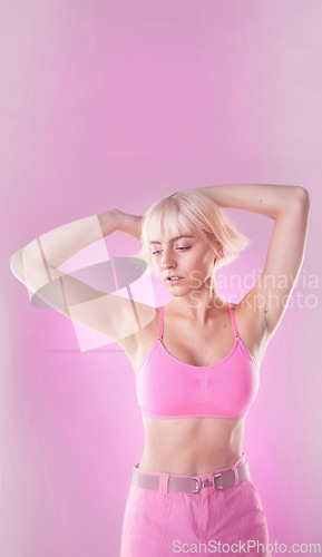 Image of Woman, fashion and mockup on pink background in studio for cyberpunk avatar. Aesthetic gen z model person thinking about beauty and futuristic style for art, fantasy or trendy pastel backdrop