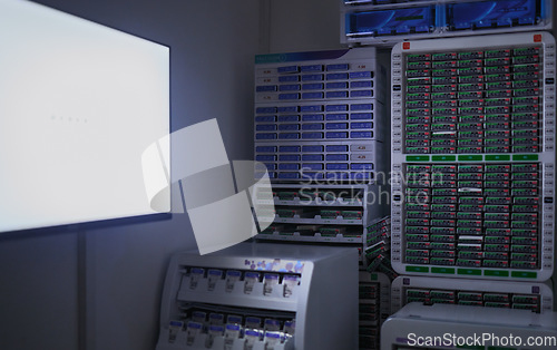 Image of Optometry screen, vision or eyes test in dark empty room with mockup space, contacts store storage or mock up shelf. Eyecare, prescription or clinic technology for exam board, mock up or lens boxes