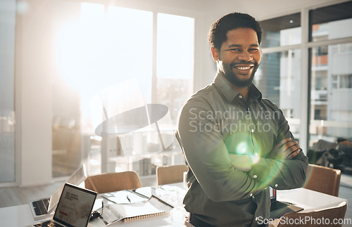 Image of Portrait, business and smile of black man with arms crossed in office for vision, mission or success mindset. Ceo, boss and happy, confident or proud male entrepreneur from Nigeria with company goals