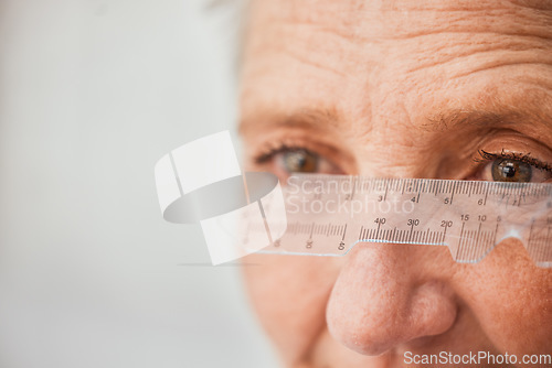 Image of Ophthalmology, ruler and measuring with eyes of old woman for healthcare, medical and vision. Medicine, optometry and consulting with patient and test for lens, problem and optician in clinic