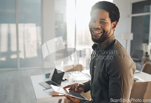 Image of Business, portrait and smile of black man with tablet in office for research, internet browsing or web scrolling. Ceo, boss and happy male entrepreneur with technology laughing at meme in company.