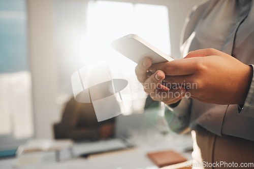 Image of Business woman, hands typing and teamwork meeting with a female employee on a mobile app. Office, lens flare and online chat of a financial analytics worker on a cellphone reading website content