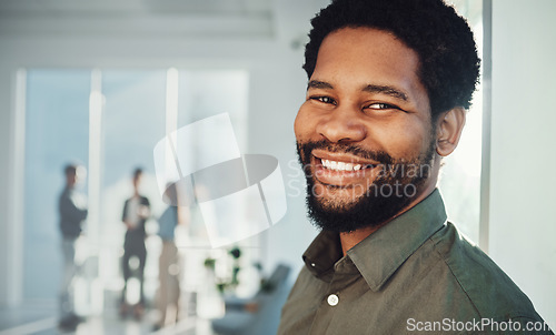 Image of Face portrait, business smile and black man in office with mission and success mindset. Ceo, boss and happy, confident and proud male entrepreneur from Nigeria in professional company or workplace