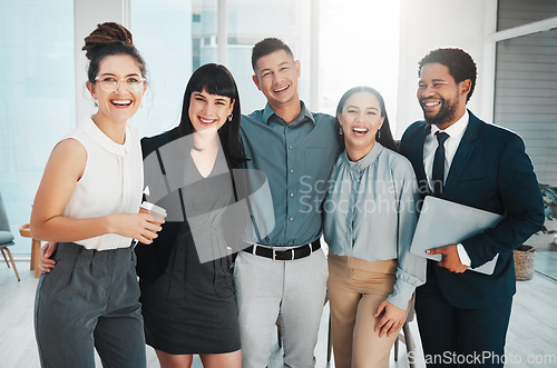 Image of Happy, group and portrait of laughing business people together for meeting, working and teamwork. Smile, hug and corporate employees in an office for bonding, collaboration and happiness as a team