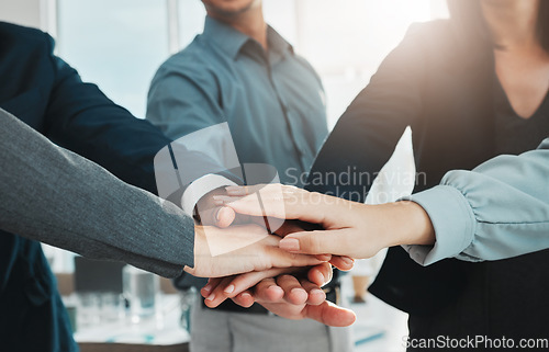 Image of Collaboration, partnership and hands of business people in support of vision, growth and training on office. Team building, group and hand unity for motivation, mission and corporate startup goal