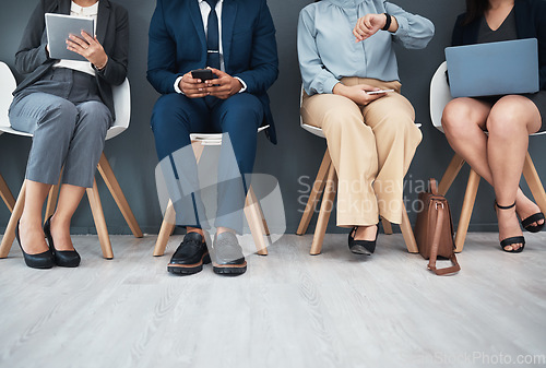 Image of Legs, recruitment and business people in waiting room for interview with human resources. Hr hiring, job opportunity and group of candidates, men and women with devices in company for employment.