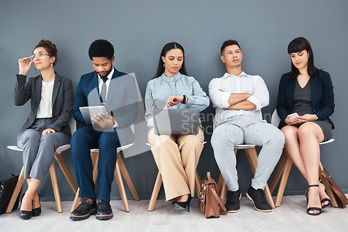 Image of Recruitment, job interview and hr with business people in waiting room for schedule, time or consulting. Hiring, networking and clock with employee for search, countdown or watch with wall background