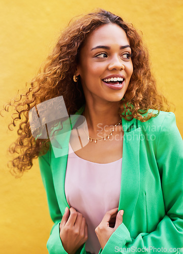 Image of Happy, smile and fashion with black woman in city for freedom, beauty and glow. Cosmetics, confidence and youth with girl and yellow urban wall background for happiness, satisfaction and style