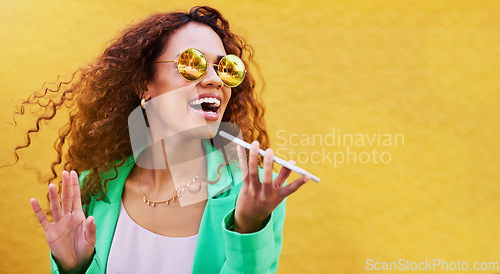 Image of Audio message, technology and woman on a phone call for communication, connection and chat. Voice assistant, mockup and rich fancy girl speaking on a mobile for discussion and talking on a city wall