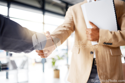 Image of Handshake, contract deal and business partnership of a b2b meeting with shaking hands. Networking, hiring and professional negotiation of onboarding collaboration and congratulations of project