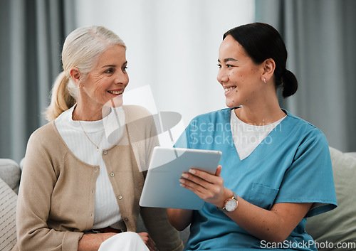 Image of Asian woman nurse, senior patient and tablet for consulting, healthcare and report for medical help. Japanese doctor, women and digital touchscreen ui for consultation room, happy or smile for advice