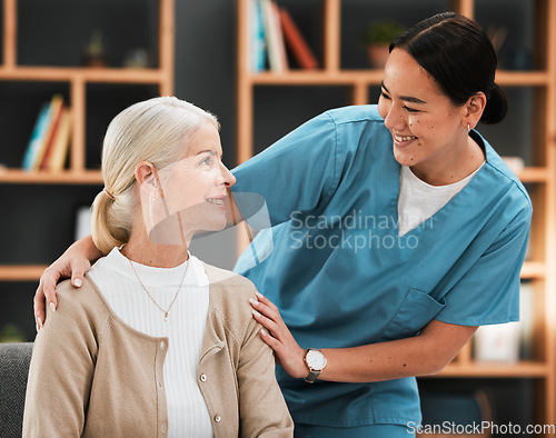 Image of Nursing home, senior woman and nurse with a smile from retirement and support happiness. Bonding, healthcare and Asian caregiver feeling happy from elderly care and medical job with a elderly female