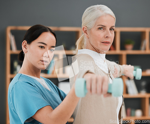 Image of Senior patient, dumbbell and physiotherapy rehabilitation nurse help for fitness, muscle and support. Healthcare physiotherapist woman with elderly person for physical therapy and stretching exercise