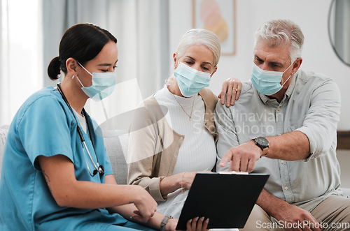 Image of Covid results, life insurance data and senior couple with healthcare nurse in nursing home. Retirement plan, medical documents and mask of people together on a sofa reading policy and health report