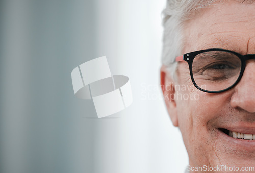 Image of Glasses, senior smile and face portrait of a elderly man with mock up from vision check. Happy old person, retirement and nursing home resident feeling gratitude, happiness and relax in a house