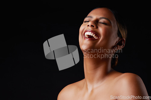 Image of Mockup, skincare and black woman with beauty, funny and joy facial expression on dark studio background. Cosmetics, African American female or girl with makeup, dermatology or skin treatment for glow