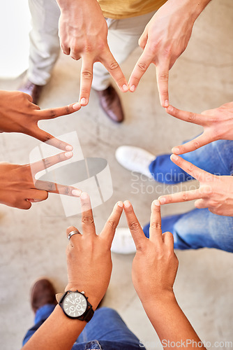 Image of Shape, above and hands of business people in a star for team building, peace and support. Motivation, together and hands of employees with a sign for collaboration, friends and group solidarity