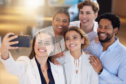 Image of Selfie, group of people or office team in social media post, online diversity promotion and business photography. Happy professional friends, career influencer or gen z staff in a profile picture