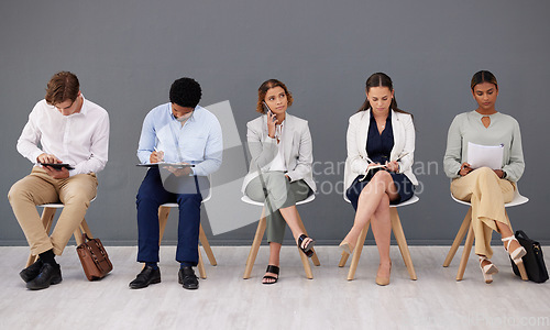 Image of Preparation, planning and business people in a queue for an interview, meeting and recruitment. Planning, workforce and candidates waiting for hr, employment and opportunity as a group in an office