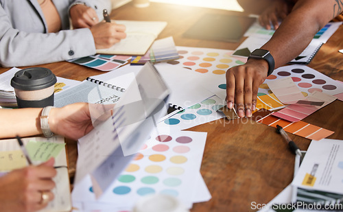 Image of Hands, designer color and office teamwork for creative project in company workplace. Collaboration, cooperation and group of business people planning strategy with documents or paperwork in meeting.