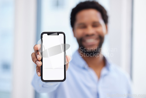 Image of Phone screen, mockup and man hand for business mobile app, ui ux design or product placement space. Website, social media person and online african professional show smartphone or cellphone mock up