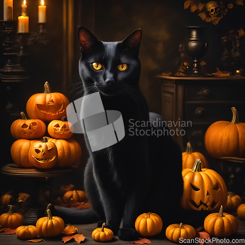 Image of Halloween etude with a black cat and pumpkins