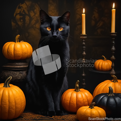 Image of Halloween etude with a black cat and pumpkins