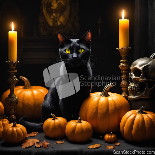 Image of Halloween etude with a black cat and pumpkins