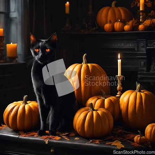 Image of Halloween etude with a black cat and pumpkins