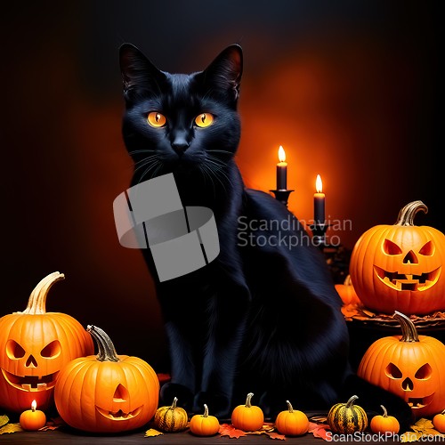 Image of Halloween etude with a black cat and pumpkins