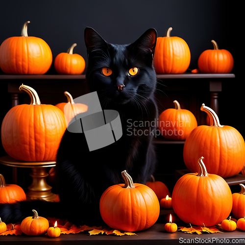 Image of Halloween etude with a black cat and pumpkins