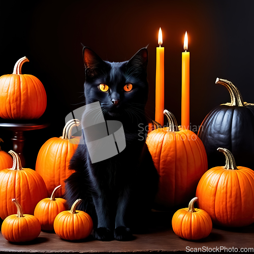 Image of Halloween etude with a black cat and pumpkins