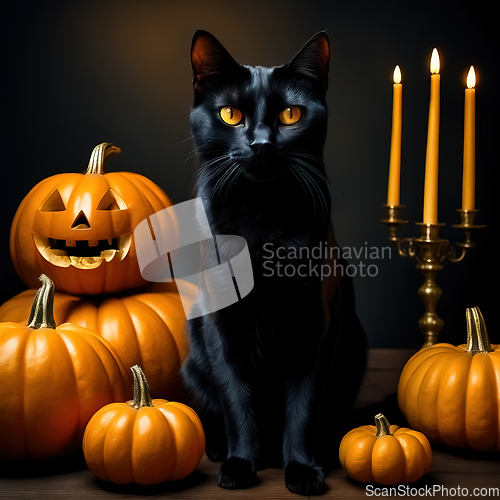 Image of Halloween etude with a black cat and pumpkins