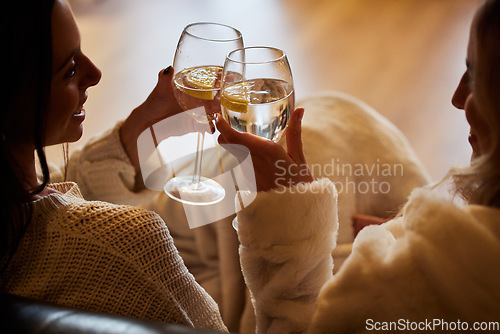 Image of Women, wine glass and cheers to celebrate together while happy in home to relax, smile and cheers. People or friends toast with alcohol drink in hands for lgbtq, love and care celebration on a couch