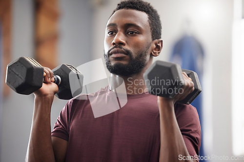 Image of Black man, fitness and dumbbell exercise in gym for strong power, workout wellness and serious mindset. Bodybuilder, athlete and male training with weights for health, sports energy and muscle growth