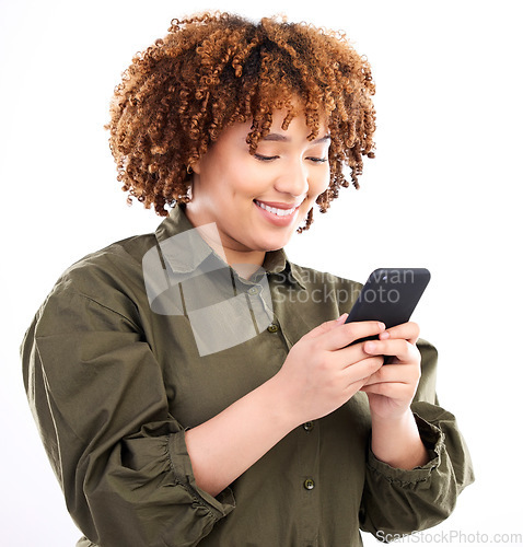 Image of Black woman, phone connection and studio with a young model on social media networking app. Online, streaming and web conversation with a African female looking at happy text with a smile on mobile