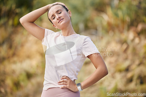 Image of Runner, neck pain and woman in nature for fitness with problem, ache or inflammation. Sports, headache and girl suffering fibromyalgia, arthritis or fatigue while on cardio, workout or run in forest