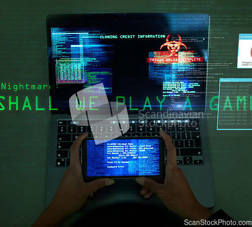 Image of Laptop screen, hands and hacking data for online cyber crime, digital thief and coding software malware, phishing or fraud. Hacker phone app and cybersecurity overlay, ransomware on gaming computer