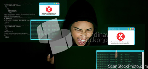 Image of Angry, hacking and hacker man for cyber security, coding software, block server and error code for data protection. Frustrated programmer, cyberpunk thief or tech person fail crime in digital overlay