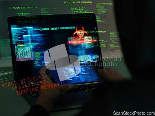 Image of Cybersecurity, fraud and hands on a laptop and phone while programming or hacking a website. Scam, cyber attack and man hacker coding on a computer to steal information or data technology in the dark